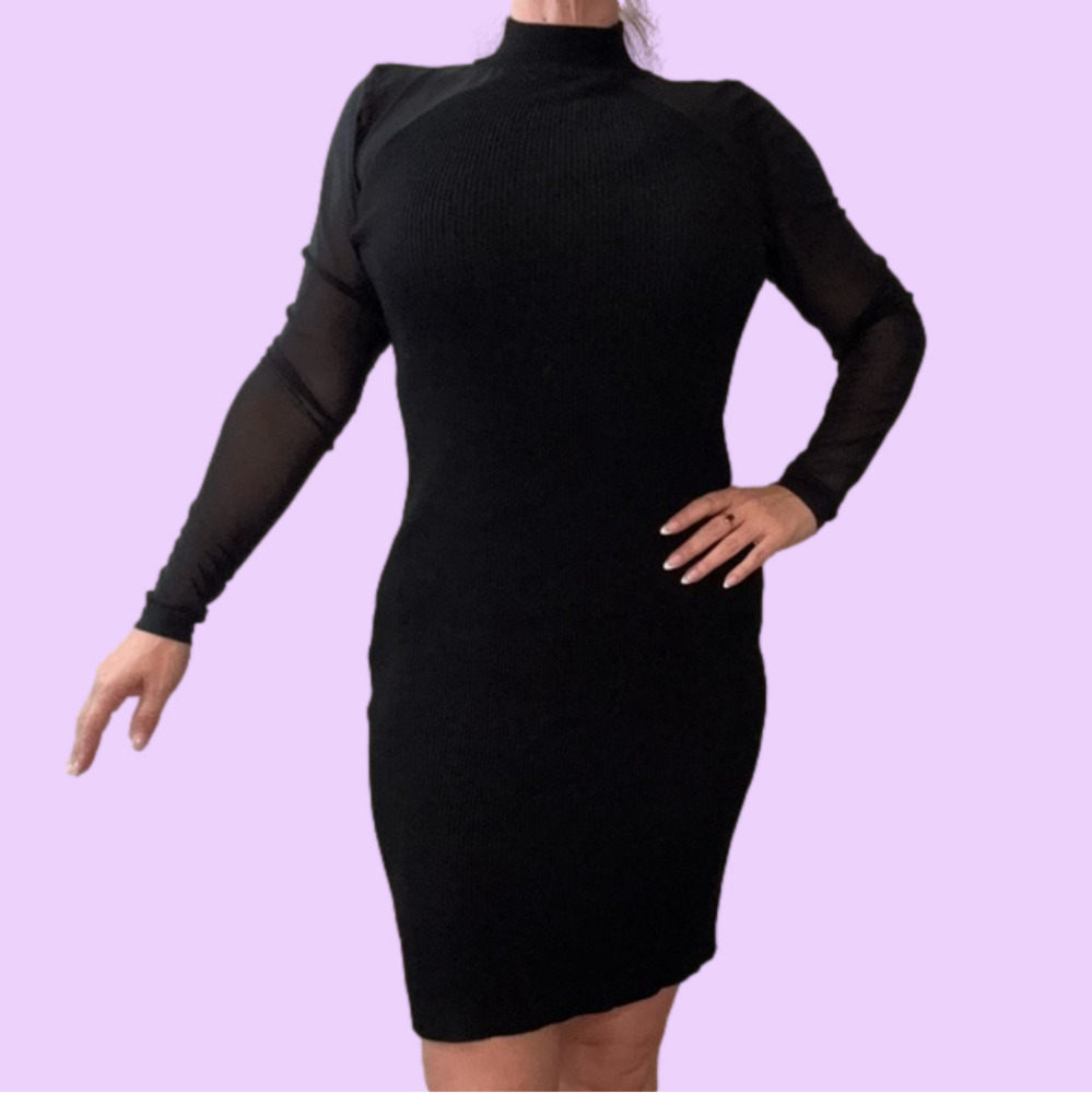 Little Black Dress | Black Bodycon Midi Sweater Dress + Sheer Sleeves | M